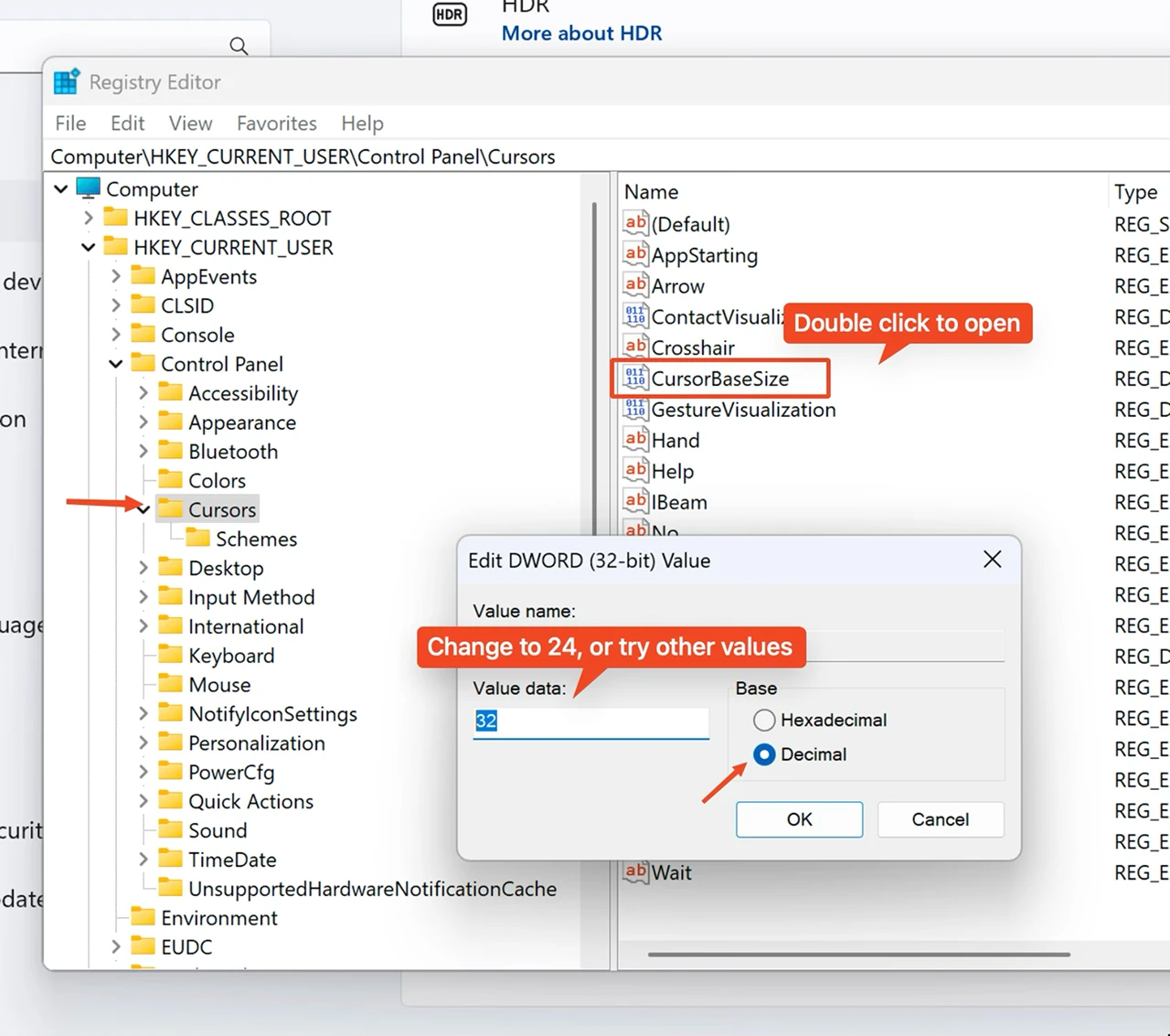 Screenshot showing the CursorBaseSize value being edited in the Registry Editor